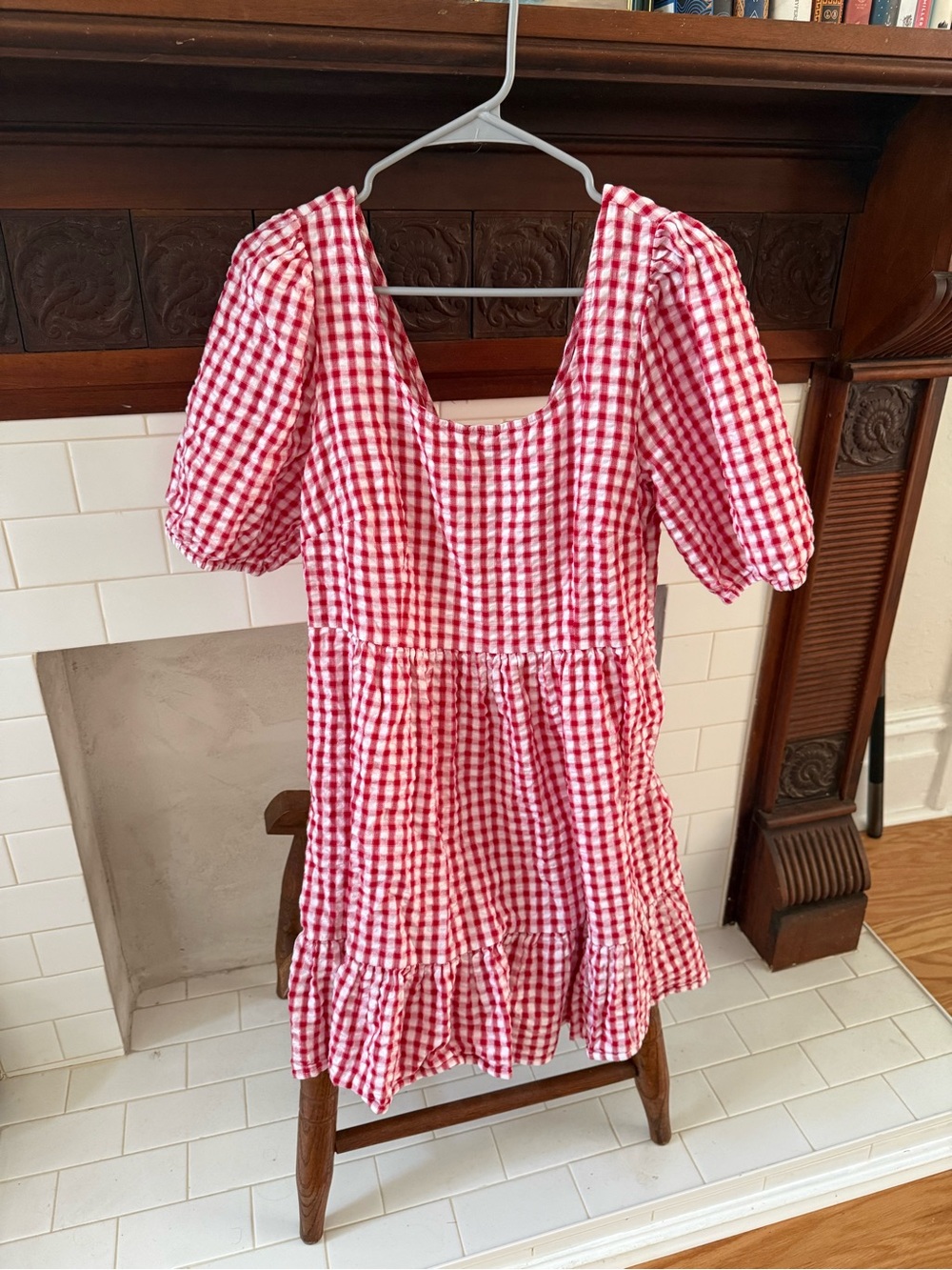 Loft Red Gingham Puff Sleeve Dress